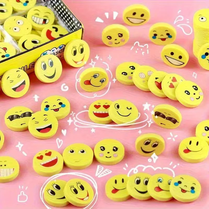 Cute Emoji Round Erasers – Yellow Smiley Face Pencil Erasers for Kids