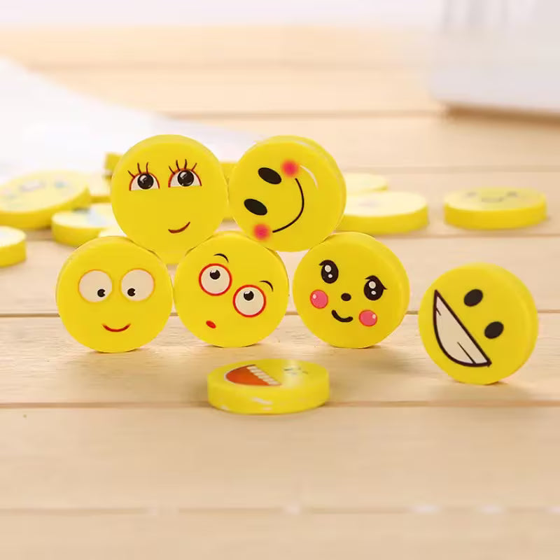 Cute Emoji Round Erasers – Yellow Smiley Face Pencil Erasers for Kids