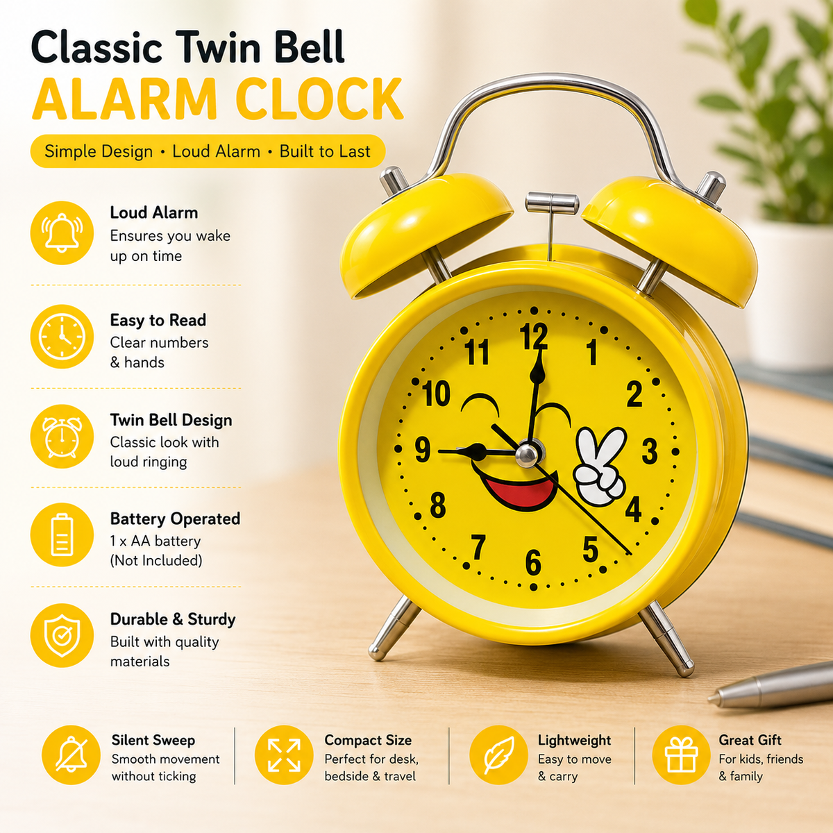 Cute Emoji Twin Bell Alarm Clock – Yellow Analog Table Clock for Kids & Teens