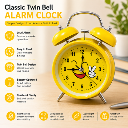 Cute Emoji Twin Bell Alarm Clock – Yellow Analog Table Clock for Kids & Teens