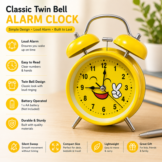 Cute Emoji Twin Bell Alarm Clock – Yellow Analog Table Clock for Kids & Teens