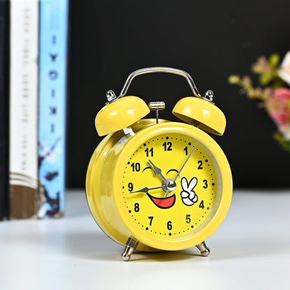 Cute Emoji Twin Bell Alarm Clock – Yellow Analog Table Clock for Kids & Teens