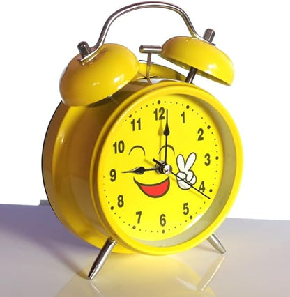 Cute Emoji Twin Bell Alarm Clock – Yellow Analog Table Clock for Kids & Teens