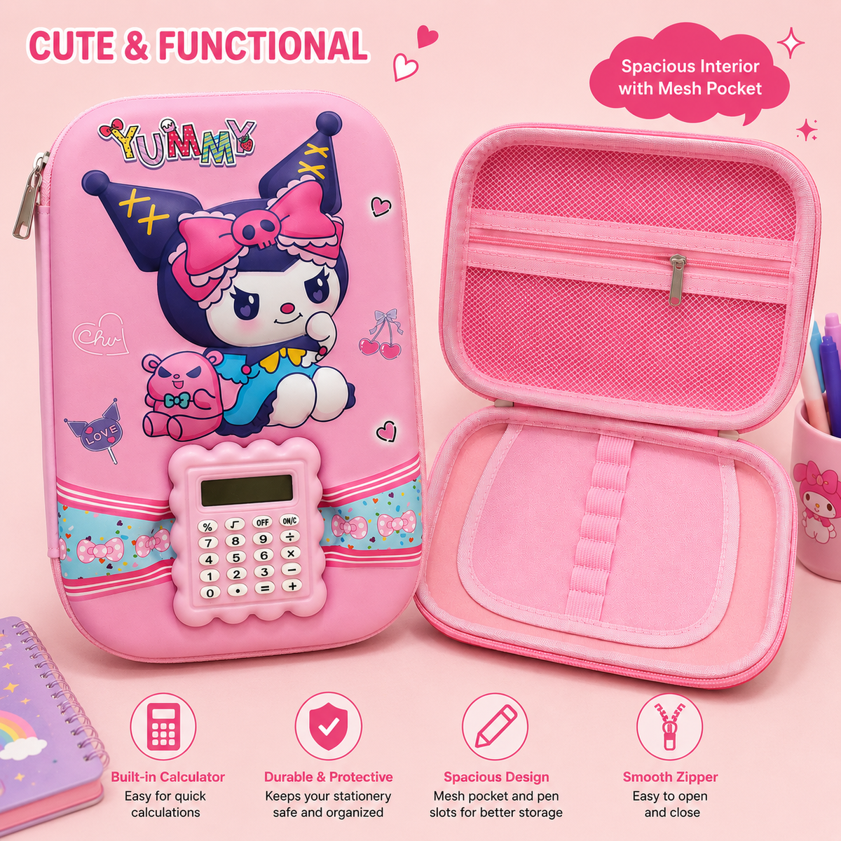 Cute Pink Kuromi Pencil Organizer – 3D EVA Case with Built-In Calculator