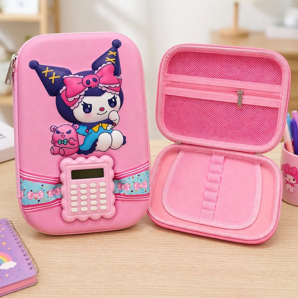 Cute Pink Kuromi Pencil Organizer – 3D EVA Case with Built-In Calculator