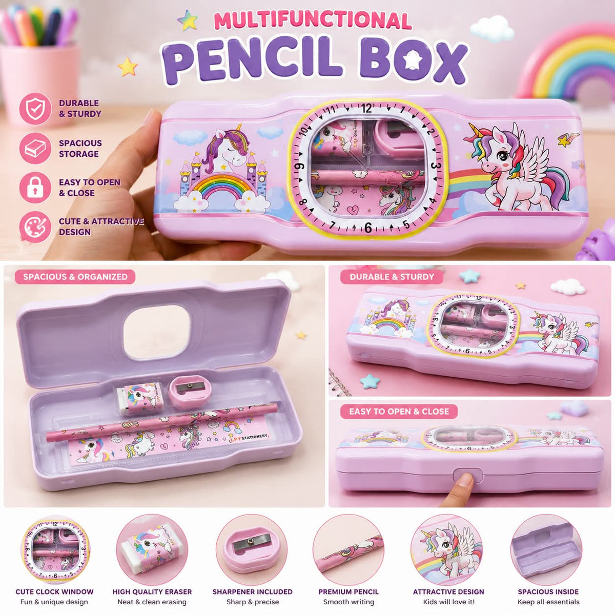 Cute Pink Unicorn Pencil Box – All-in-One Stationery Case for School & Study