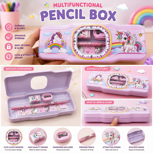 Cute Pink Unicorn Pencil Box – All-in-One Stationery Case for School & Study