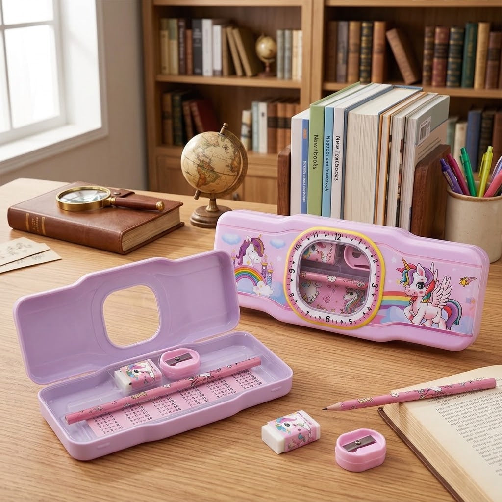 Cute Pink Unicorn Pencil Box – All-in-One Stationery Case for School & Study