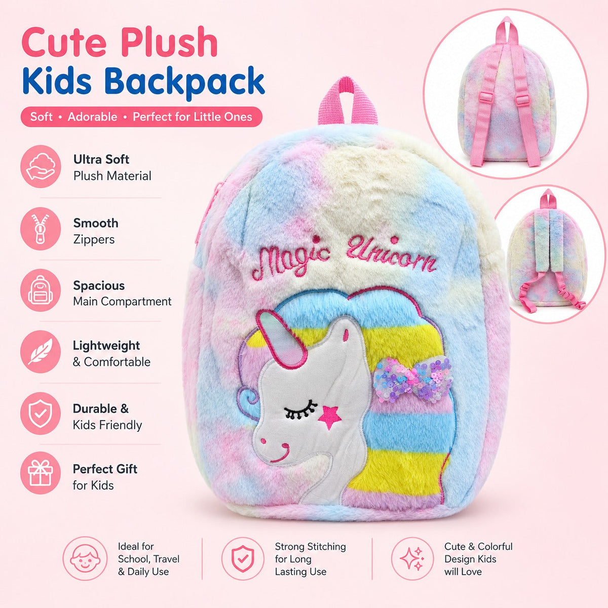 Cute Unicorn Furry School Backpack – Soft & Cozy Plush Bag for Kids