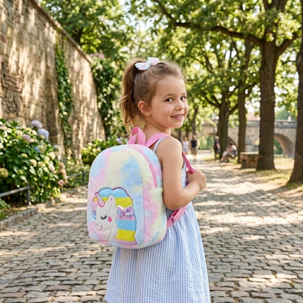 Cute Unicorn Furry School Backpack – Soft & Cozy Plush Bag for Kids