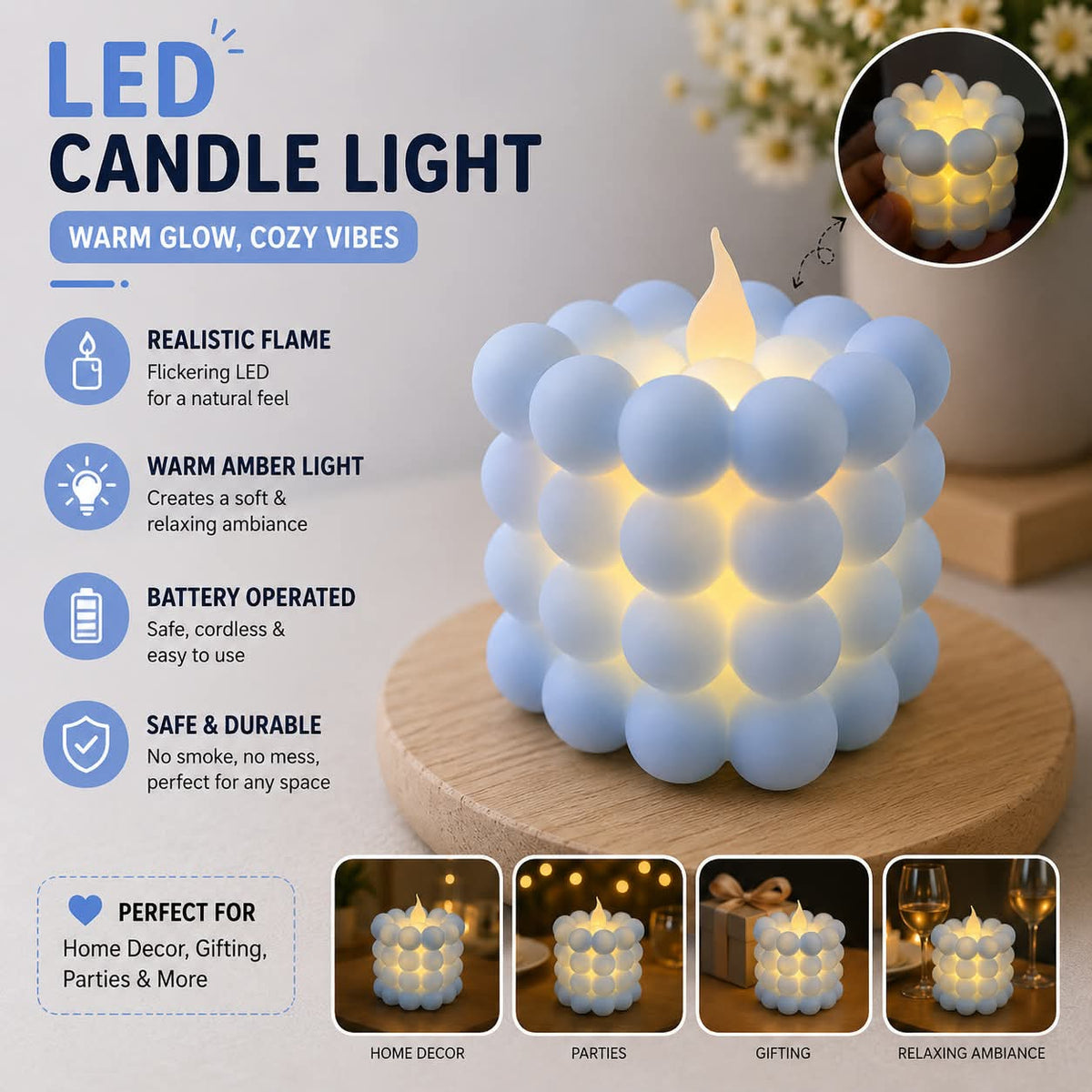 Flameless Cube Bubble Candle – LED Flickering Light for Tabletop Decoration