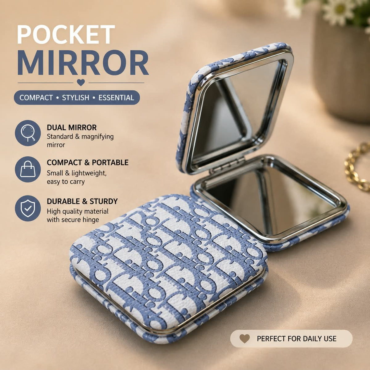 Iconic Blue Dior Inspired Square Compact Pocket Double Sided Mirror