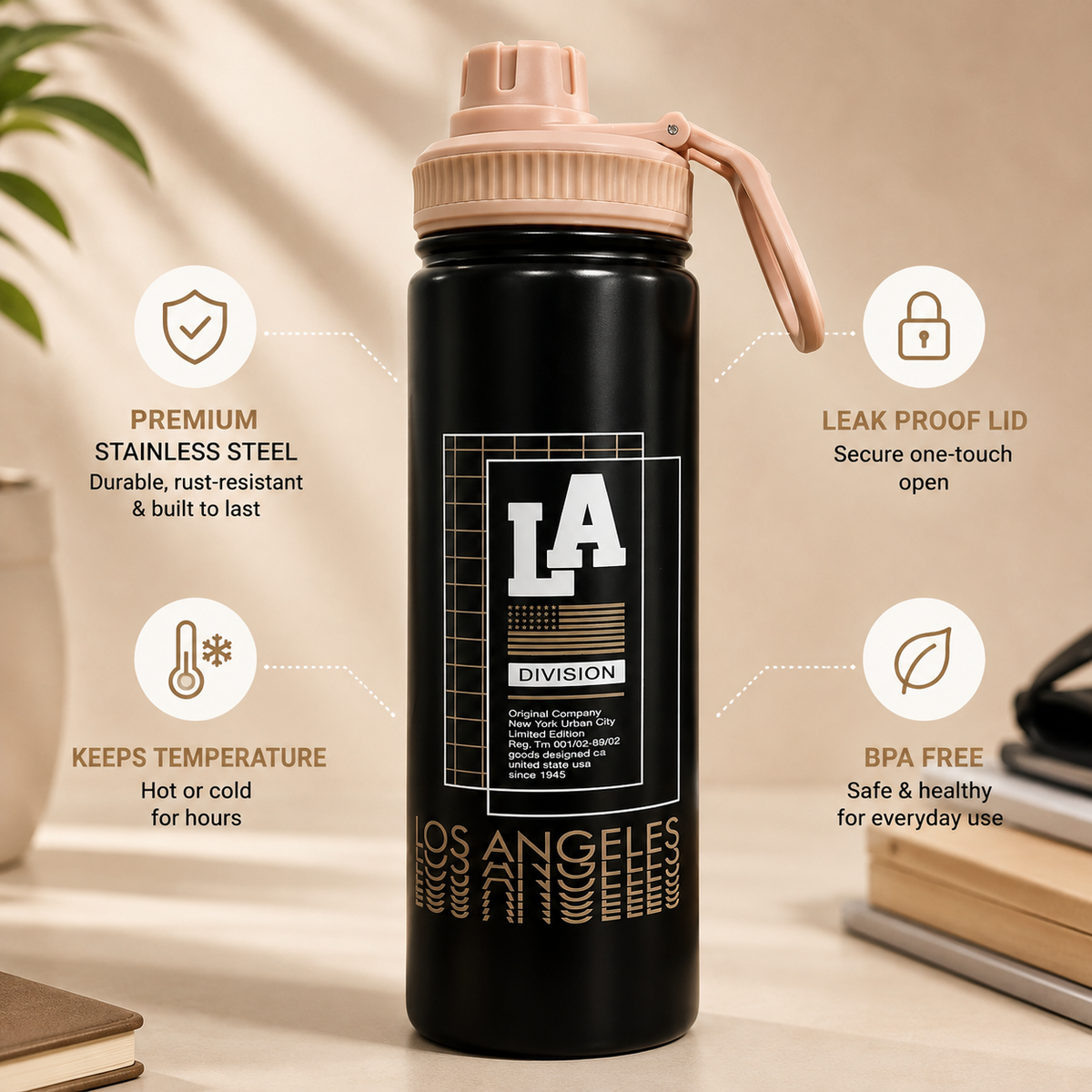 LA Print Stainless Steel Water Bottle – Insulated Sports Bottle with Leak-Proof Lid