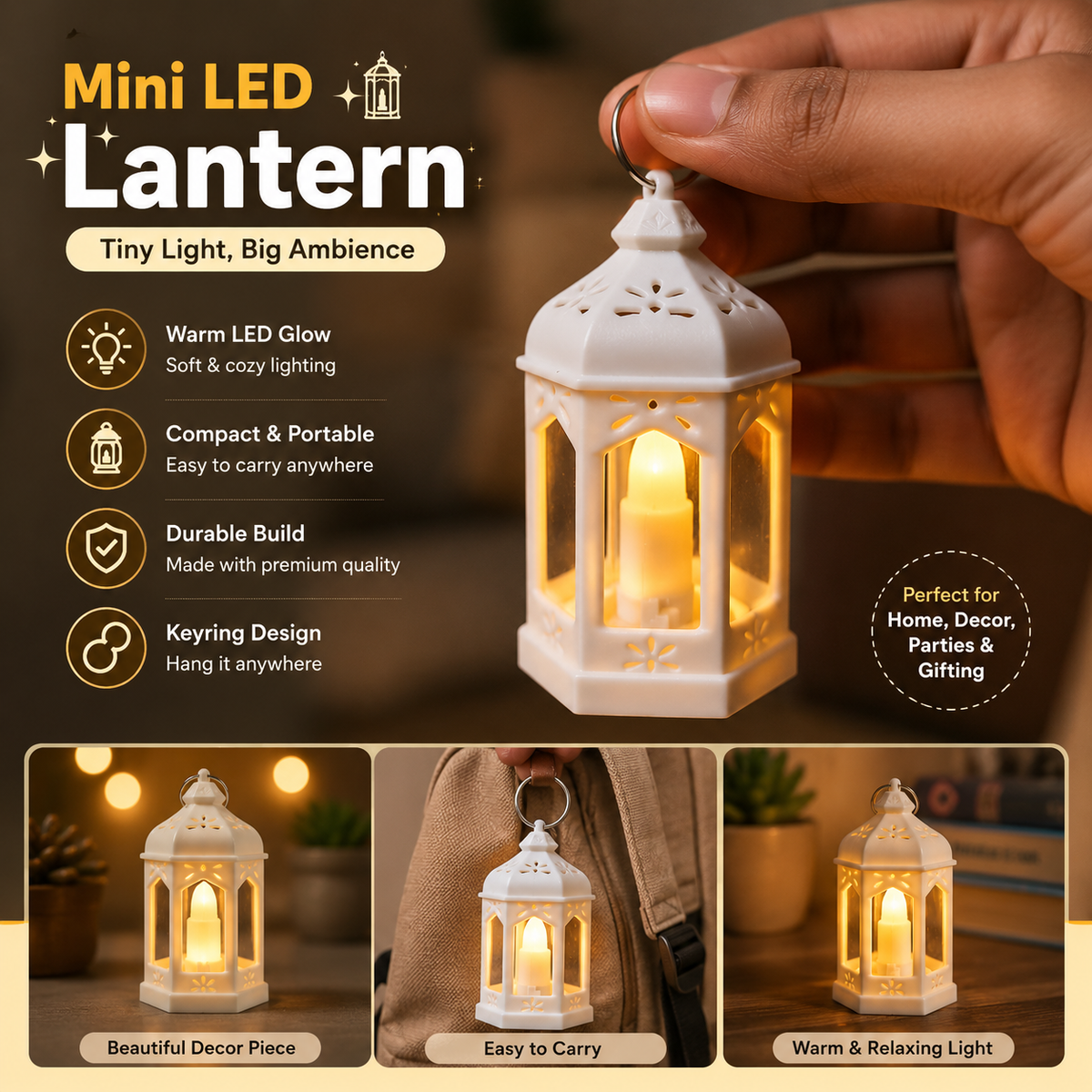 Mini LED Candle Lantern – Warm Decorative Light for Parties, Travel & Gifting