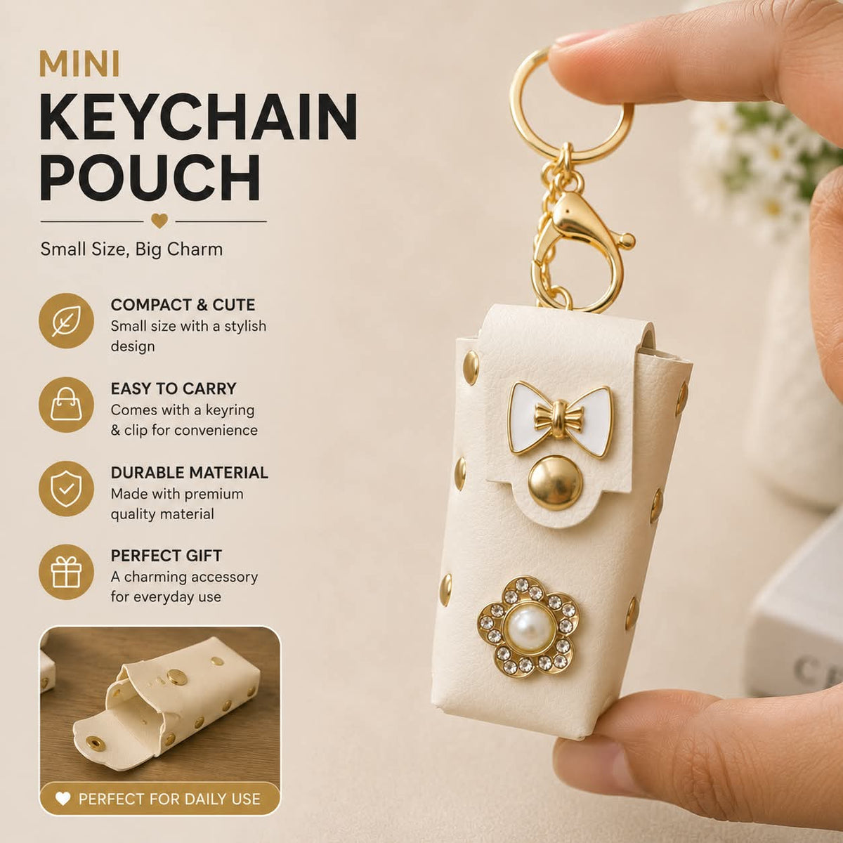 Mini PU Leather Keychain Pouch With Bow & Pearl Flower