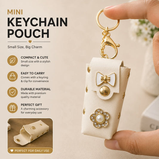 Mini PU Leather Keychain Pouch With Bow & Pearl Flower