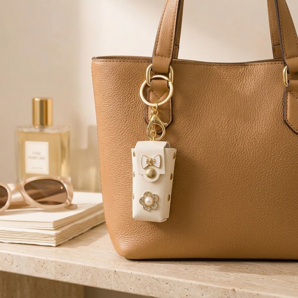 Mini PU Leather Keychain Pouch With Bow & Pearl Flower
