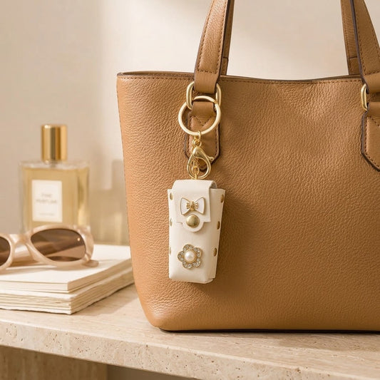 Mini PU Leather Keychain Pouch With Bow & Pearl Flower