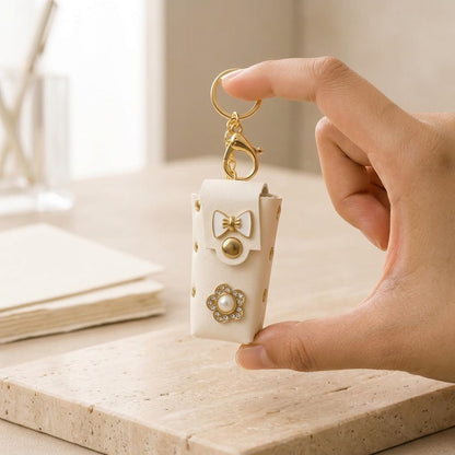 Mini PU Leather Keychain Pouch With Bow & Pearl Flower