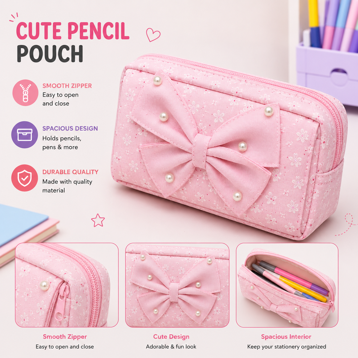 Multifunctional Pink Pencil Pouch – 2-Sided Large Storage Case for Stationery