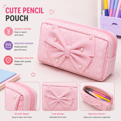 Multifunctional Pink Pencil Pouch – 2-Sided Large Storage Case for Stationery