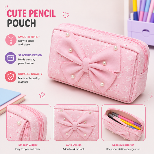 Multifunctional Pink Pencil Pouch – 2-Sided Large Storage Case for Stationery