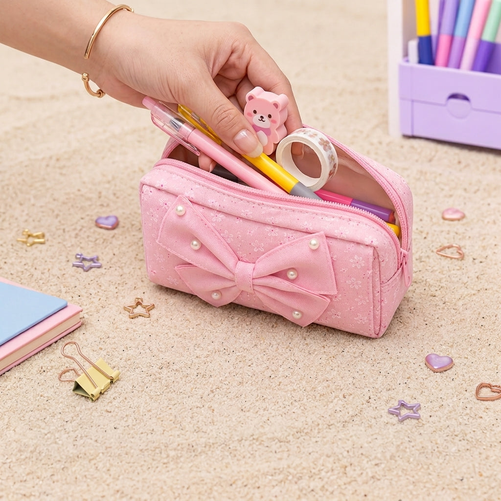 Multifunctional Pink Pencil Pouch – 2-Sided Large Storage Case for Stationery