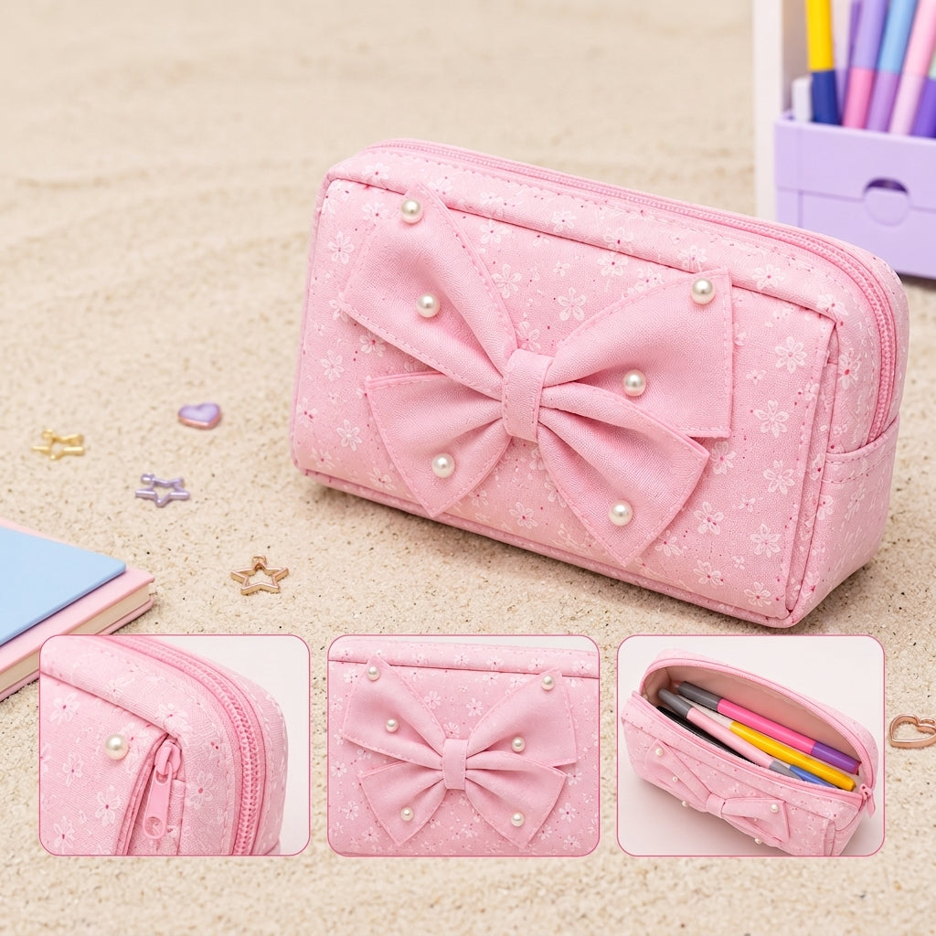 Multifunctional Pink Pencil Pouch – 2-Sided Large Storage Case for Stationery