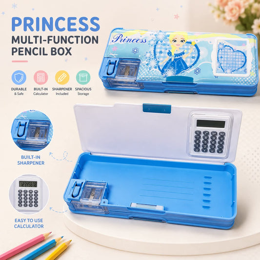 Princess Pencil Storage Box – Plastic Geometry Case with Calculator & Pop-Up Sharpener