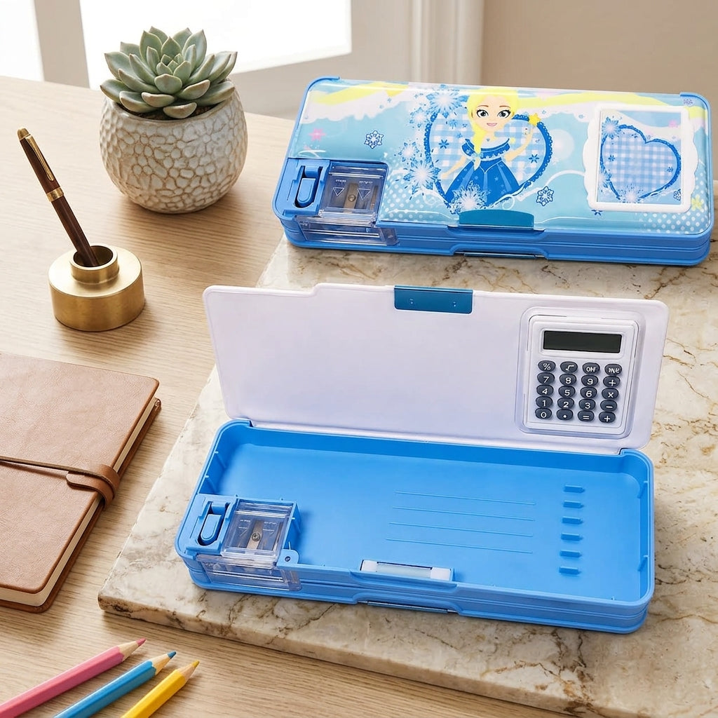 Princess Pencil Storage Box – Plastic Geometry Case with Calculator & Pop-Up Sharpener