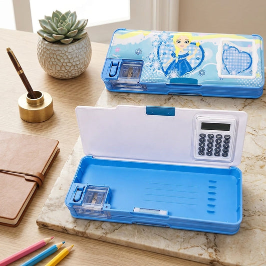 Princess Pencil Storage Box – Plastic Geometry Case with Calculator & Pop-Up Sharpener
