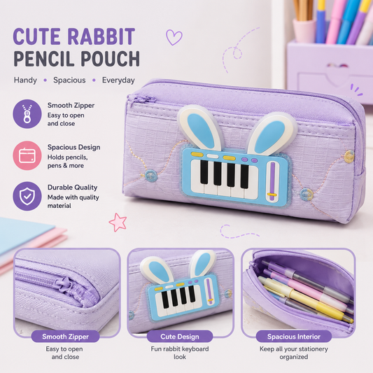 Rabbit Ear Pencil Pouch – Cute 3D Piano Stationery Organizer for School