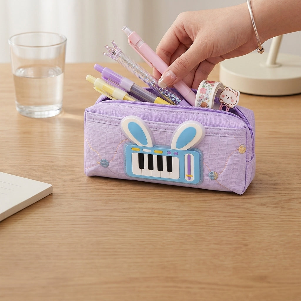 Rabbit Ear Pencil Pouch – Cute 3D Piano Stationery Organizer for School