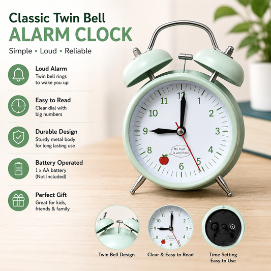 Retro Mint Green Alarm Clock – Classic Double Bell Analog Table Clock