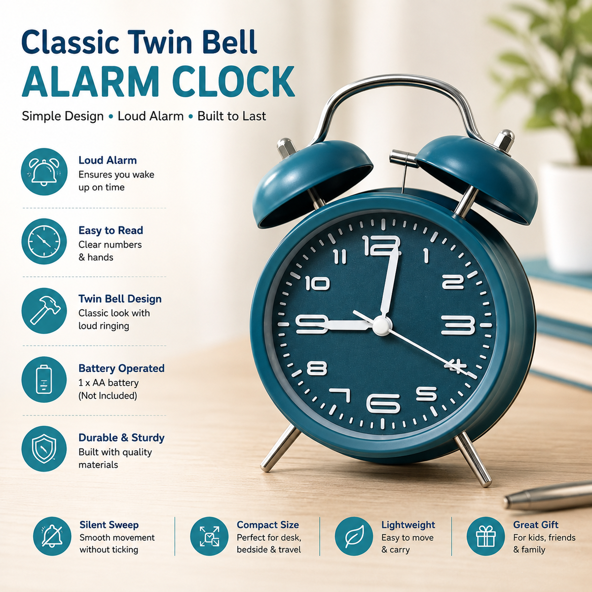 Retro Twin Bell Alarm Clock – Stylish Dark Teal Analog Clock for Bedroom