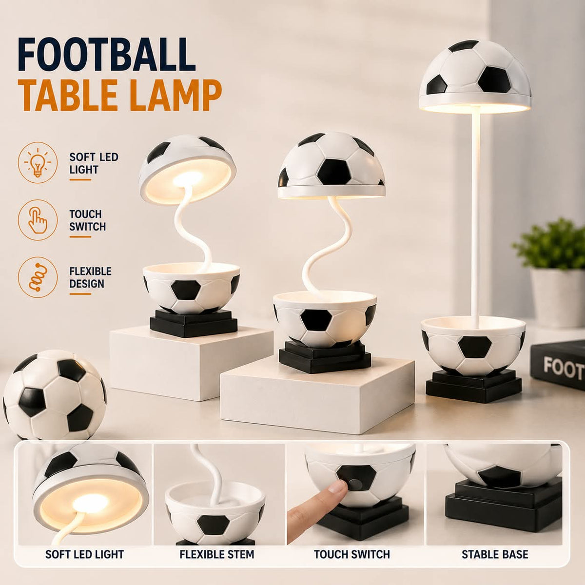 Soccer Ball Table Lamp Cute LED Night Light With Touch Switch