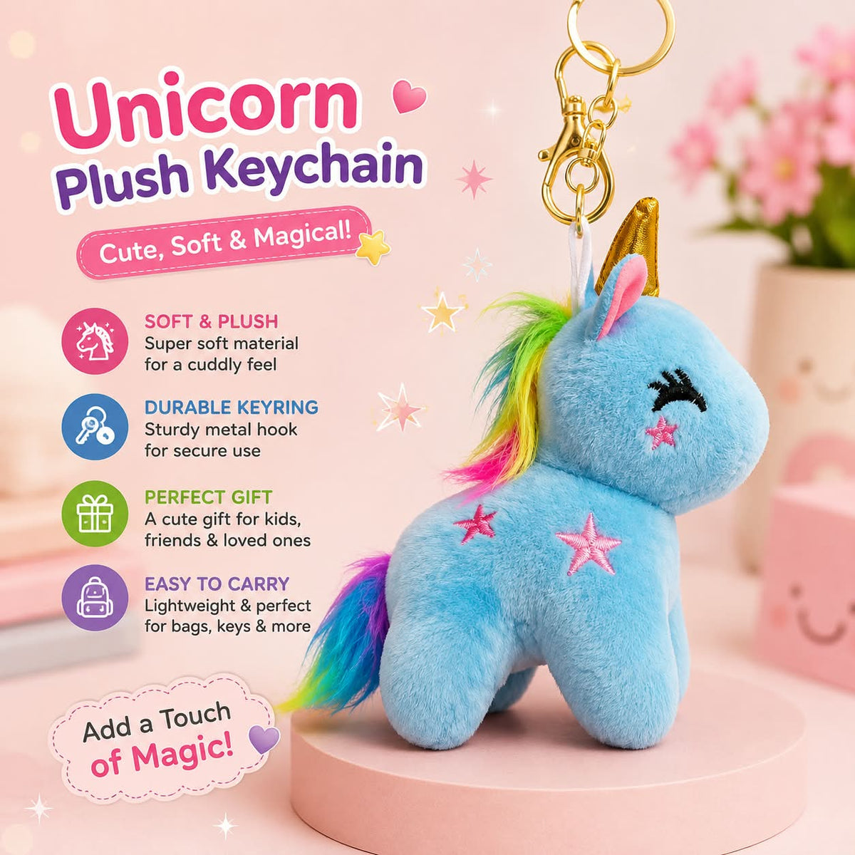 Soft & Adorable Blue Unicorn Keychain Star Design