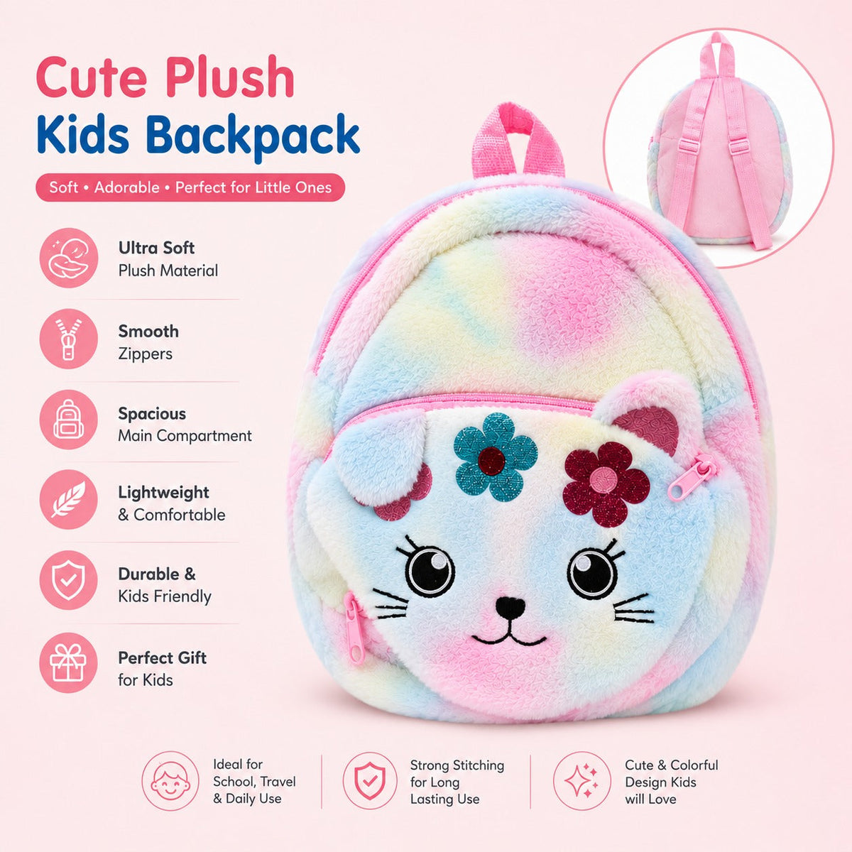 Soft Plush Rainbow Backpack – Colorful Pastel Kids Bag for Everyday Use