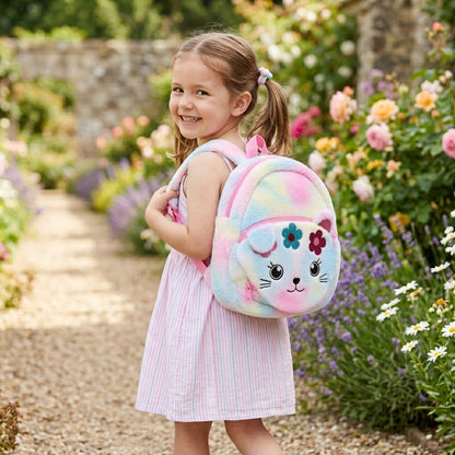 Soft Plush Rainbow Backpack – Colorful Pastel Kids Bag for Everyday Use