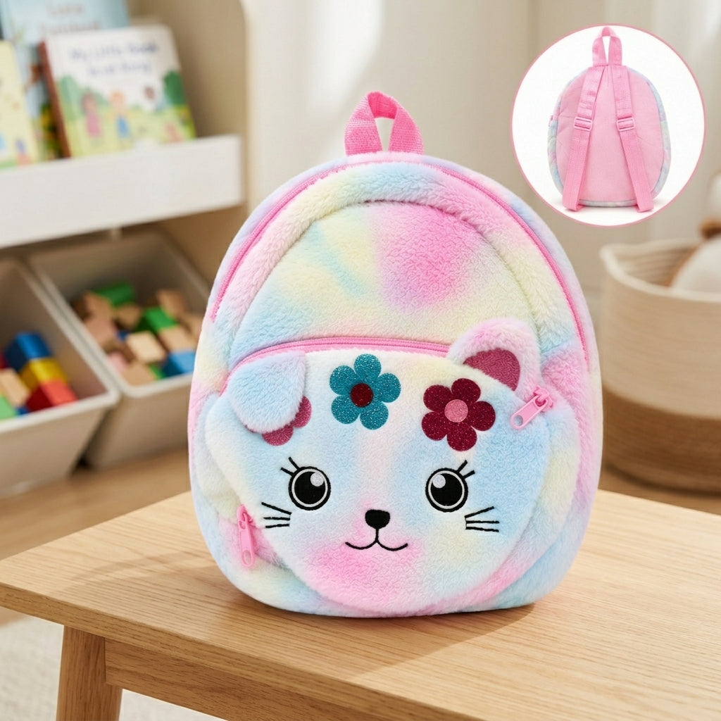 Soft Plush Rainbow Backpack – Colorful Pastel Kids Bag for Everyday Use