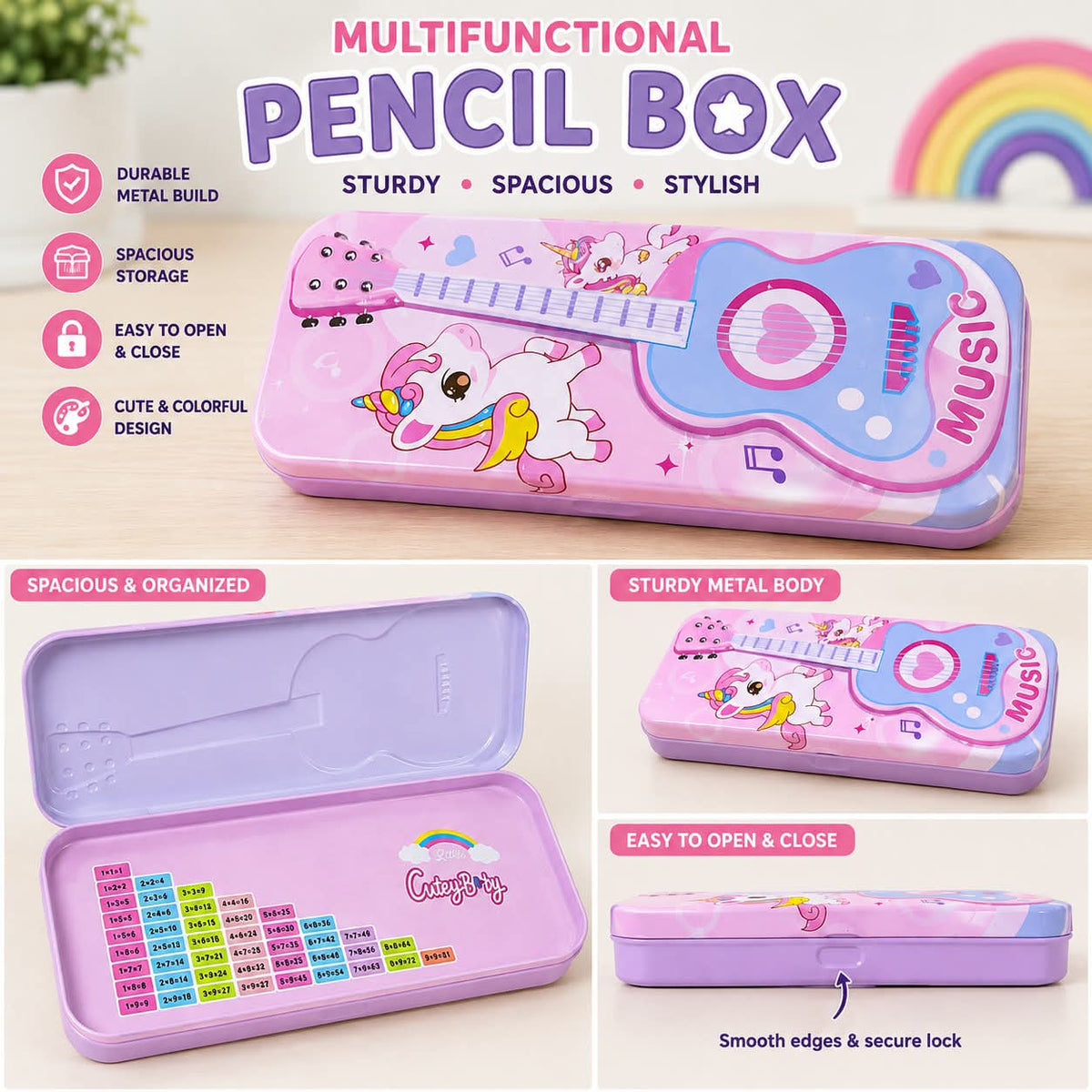 Spacious Metal Pencil Box – Cute Colorful Design for Kids & School