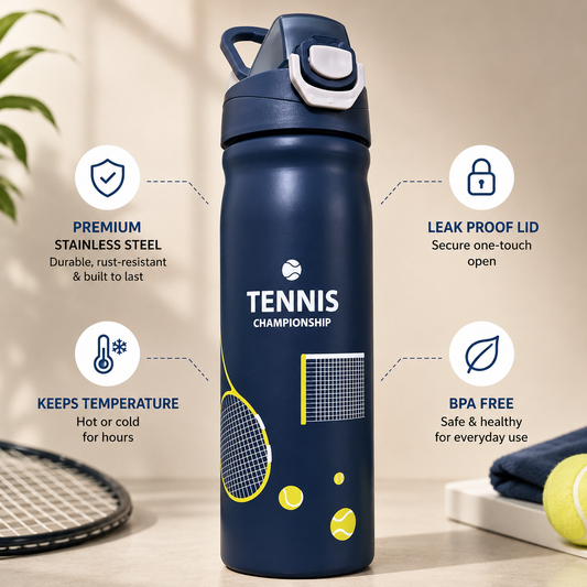 Tennis Print Stainless Steel Bottle – Portable Insulated Sports Thermos with Handle