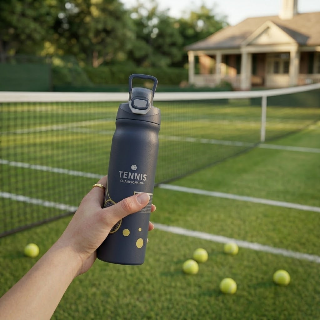 Tennis Print Stainless Steel Bottle – Portable Insulated Sports Thermos with Handle