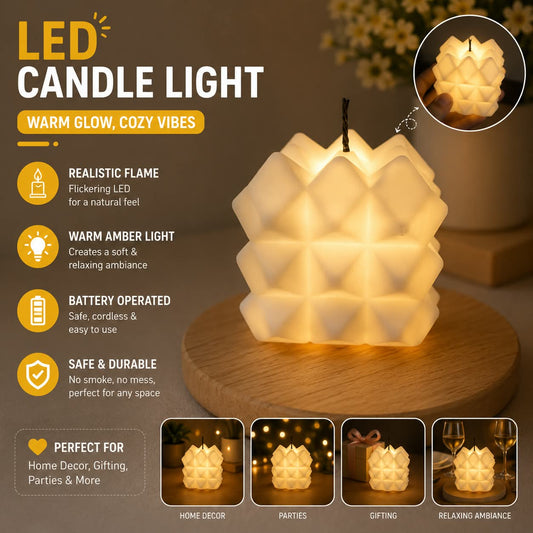 Warm Amber Geometric LED Candle – Stylish 3D Textured Flameless Decorative Light