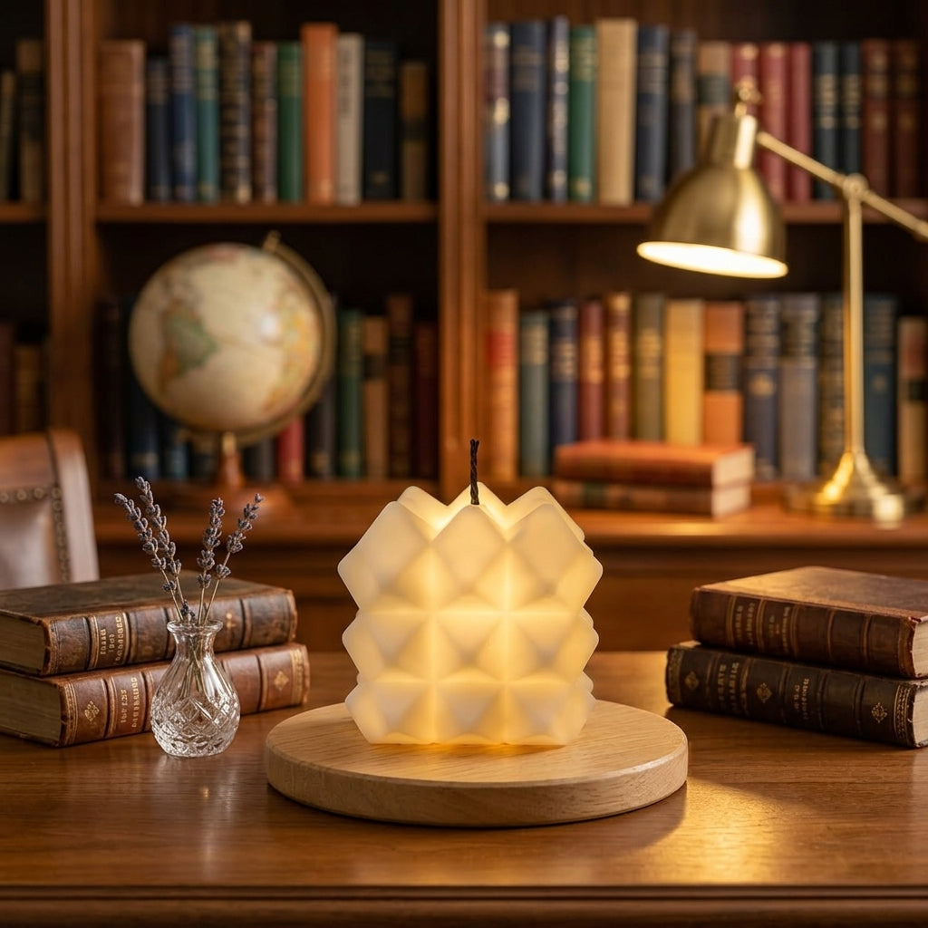 Warm Amber Geometric LED Candle – Stylish 3D Textured Flameless Decorative Light