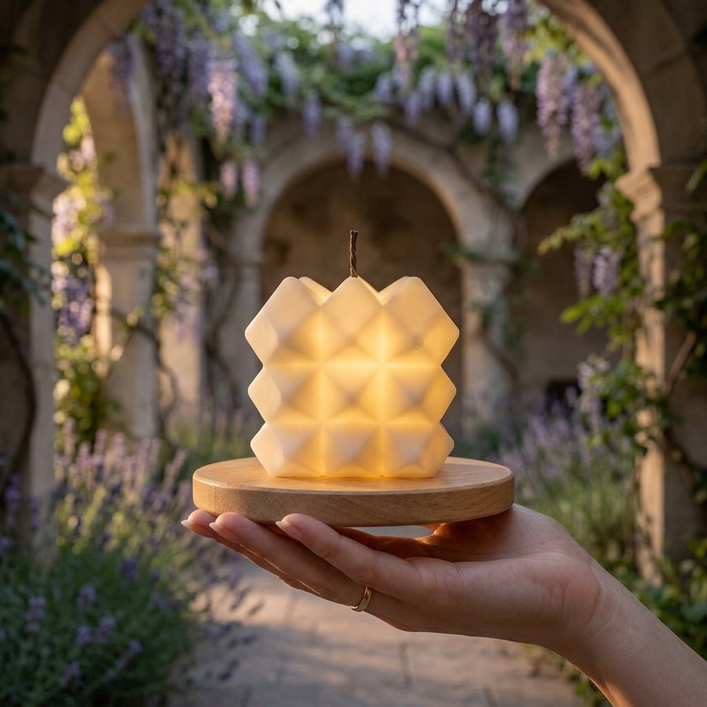 Warm Amber Geometric LED Candle – Stylish 3D Textured Flameless Decorative Light