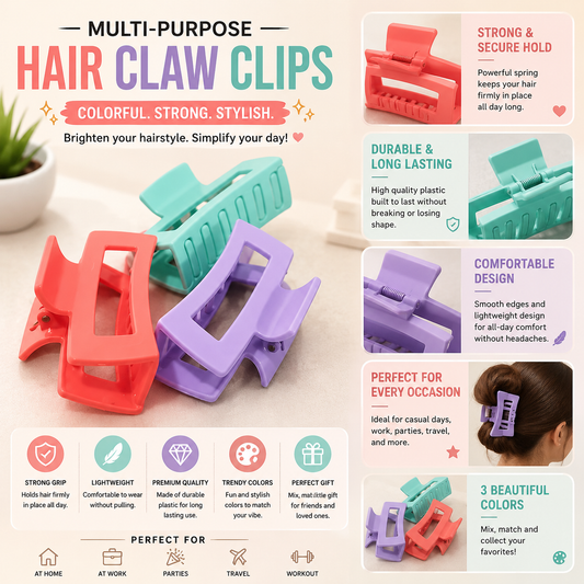 3Pcs Hair Claw Clips Colorful Hair Accessories Set (Random Color)