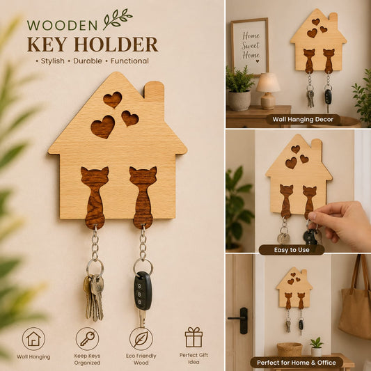 Wall Mounted Cat Wooden Key Holder