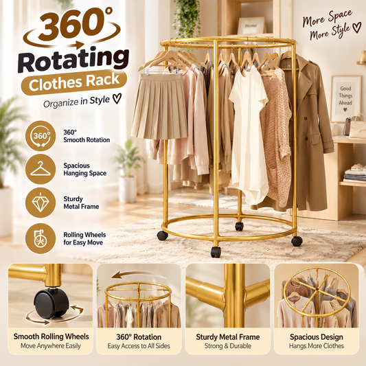 360° Rotating Clothes Rack With Wheels Metal Garment Organizer