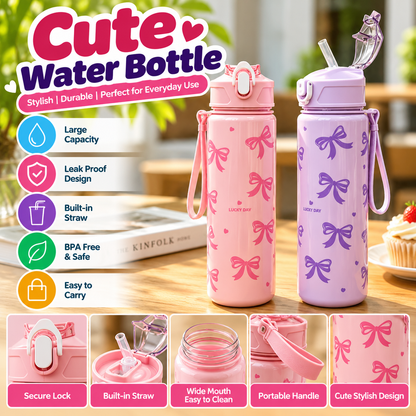 800ML Aesthetic Bow Water Bottle With Carrying Strap